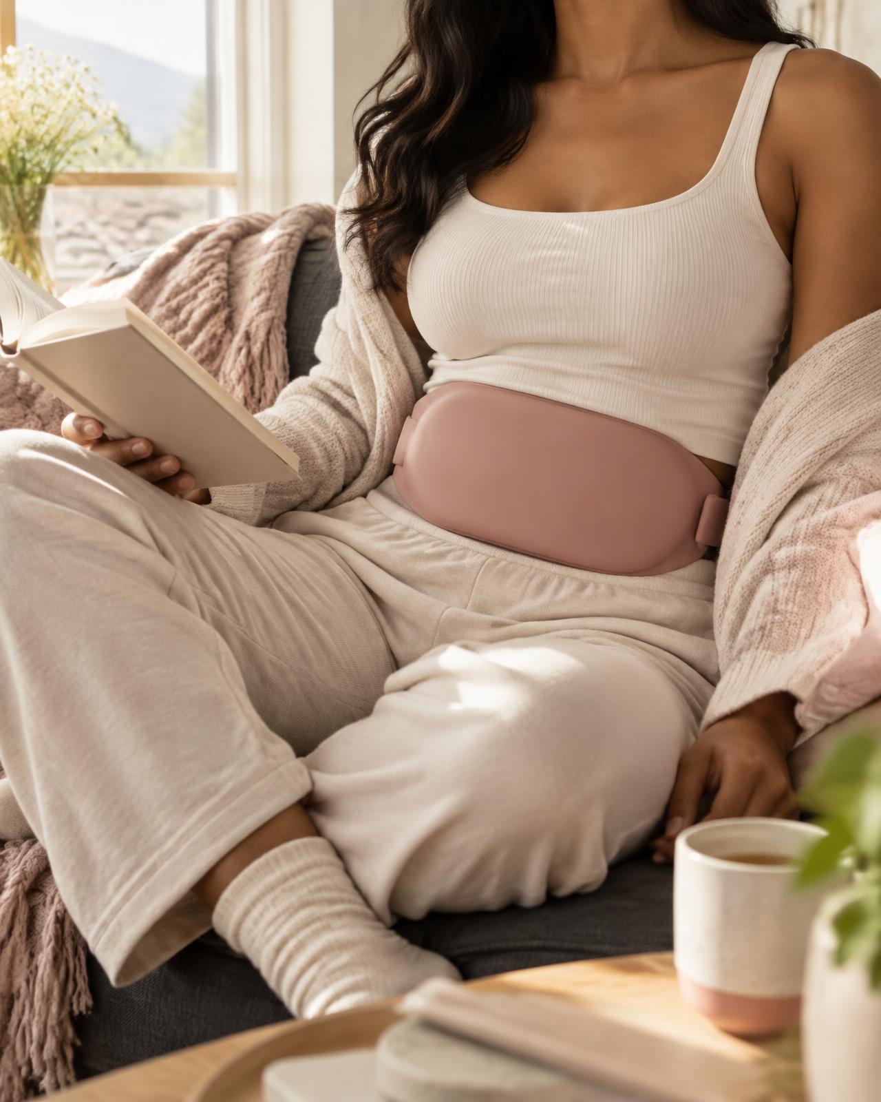 Woman relaxing at home while wearing the HerEase Comfort Belt